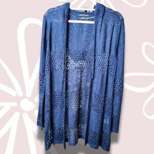 19.$5-L-LOVE ELLIE Open Front Hoodie Cardigan Navy Lace Knit Tassel Ties